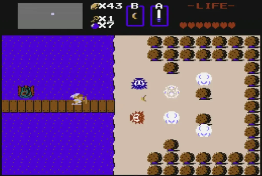 Link crossing a wooden bridge over the lake on the overworld, leaving Level 1 Link crossing a wooden bridge over the lake on the overworld, leaving Level 1