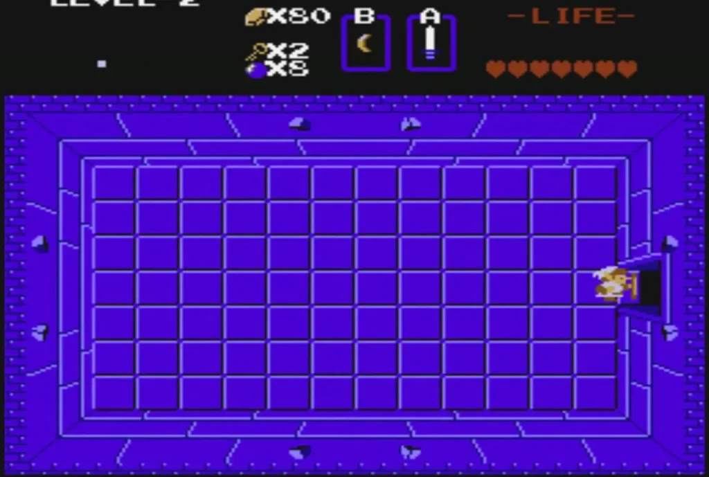 Link at the east doorway of the purple Level 2 room after taking the key Link at the east doorway of the purple Level 2 room after taking the key