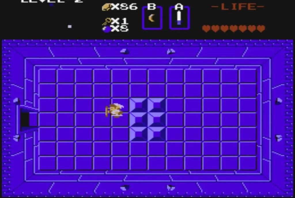 Link walking across the purple Level 2 room, its floor blocks and walls in view Link walking across the purple Level 2 room, its floor blocks and walls in view