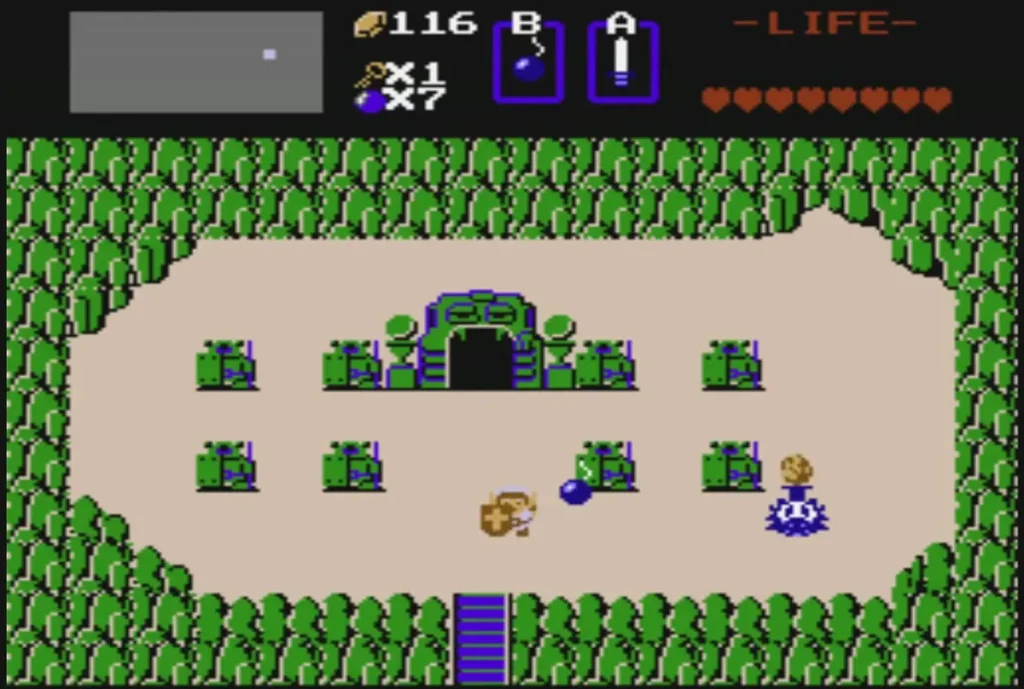 Link back in the sand clearing on the overworld after leaving the purple Level 2 dungeon Link back in the sand clearing on the overworld after leaving the purple Level 2 dungeon