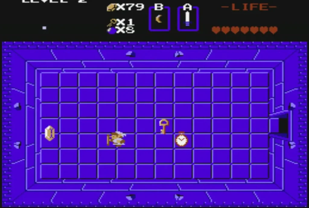 Link beside a small key lying on the floor of the purple Level 2 room Link beside a small key lying on the floor of the purple Level 2 room