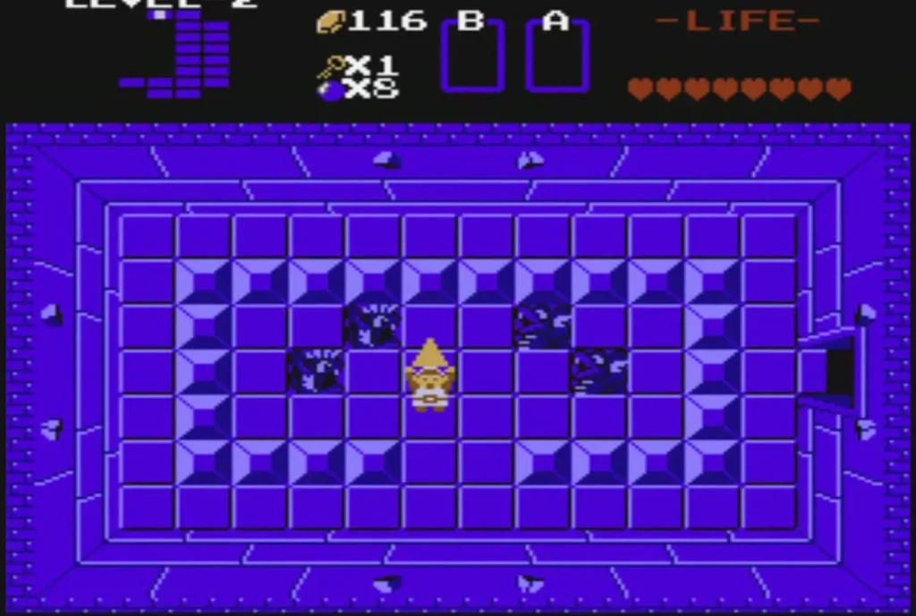 Link holding the second Triforce piece overhead in a dark purple room Link holding the second Triforce piece overhead in a dark purple room