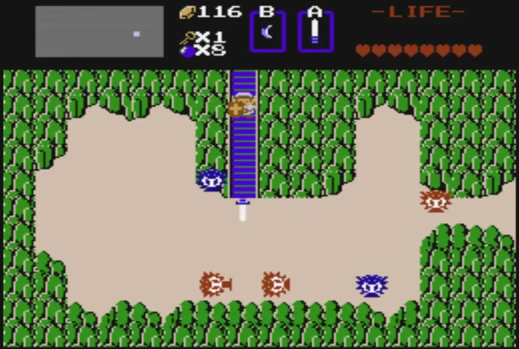 Link stepping out of a stairway into the bush field with enemies nearby