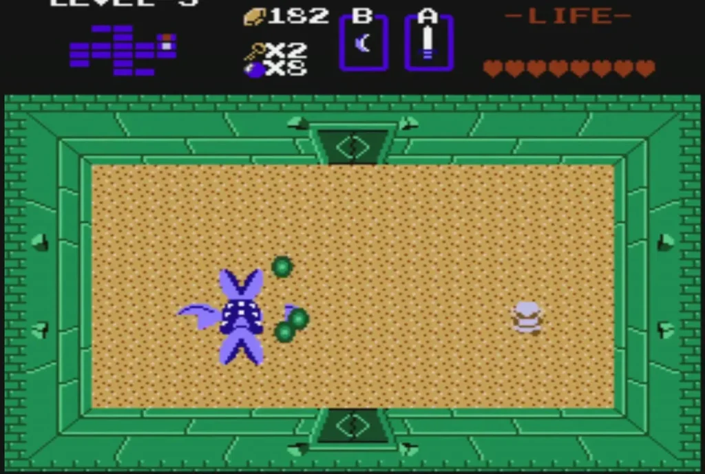 Manhandla, the purple four-handed plant boss, with green orbs in the sand room