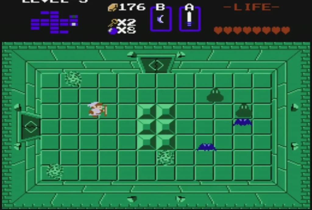 Link moving through a green room among Bubbles, Keese and Zols
