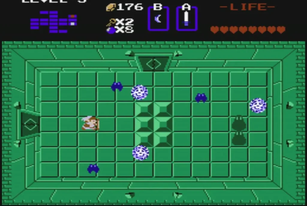 Floating white Bubbles and blue Keese in a green room with Link