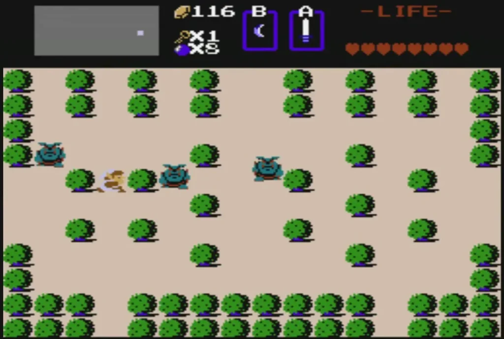 Enemies closing in on Link in the bush field beside the sand path