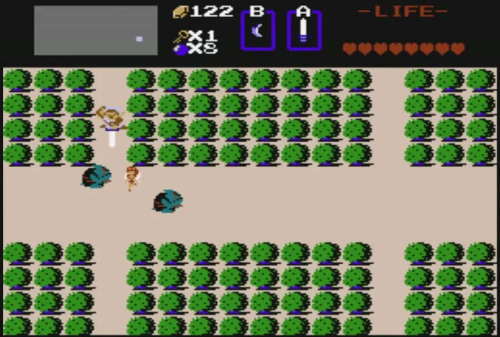 Link swinging the sword at enemies in a narrow bush-lined path