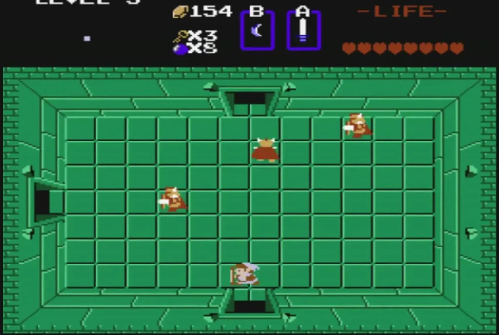 Link facing two armored knights across the green room