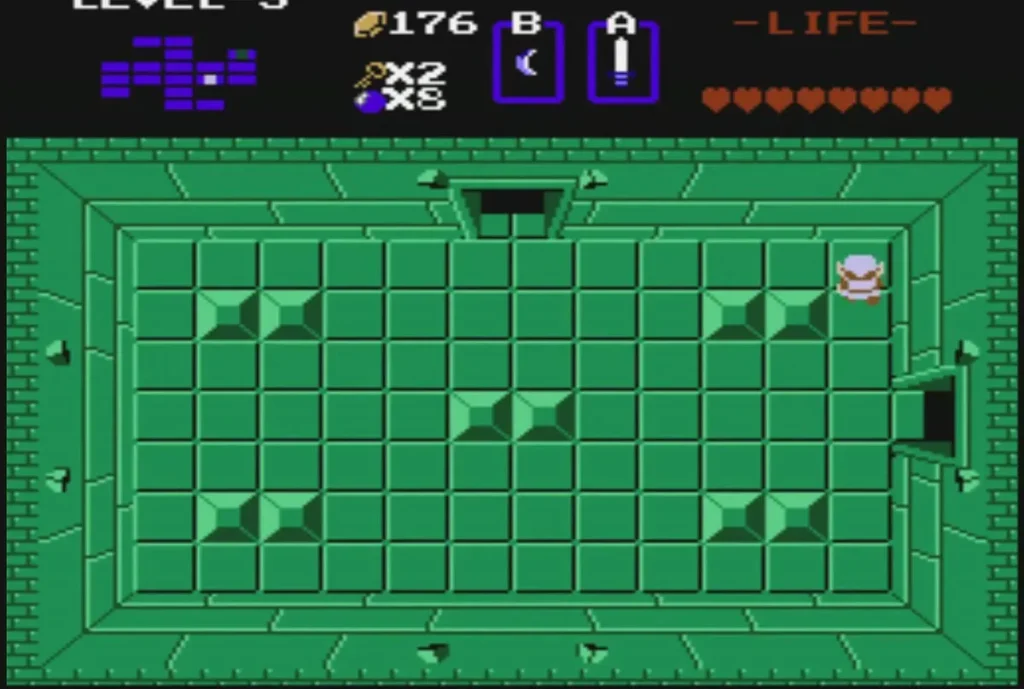 Link near the east doorway of a green room of diamond block pairs, with its enemies cleared