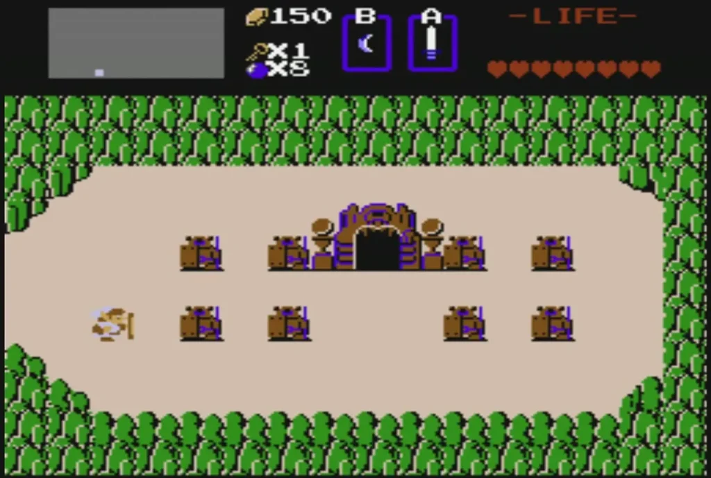 Purple-framed stone gate at the top of the sand field, entrance to Level 3