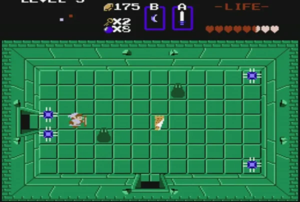 Link in a green Level 3 room with four blue corner blocks and enemies around the floor