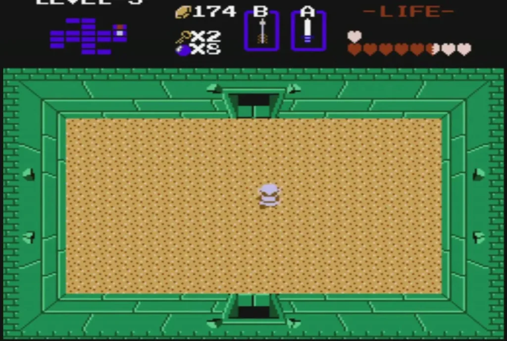 Link holding up the Heart Container in the sand room after the boss fight