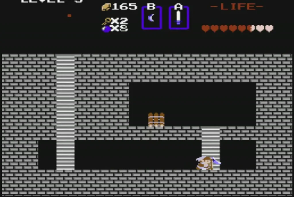 Link at the bottom of the underground room, below the Raft on its ledge