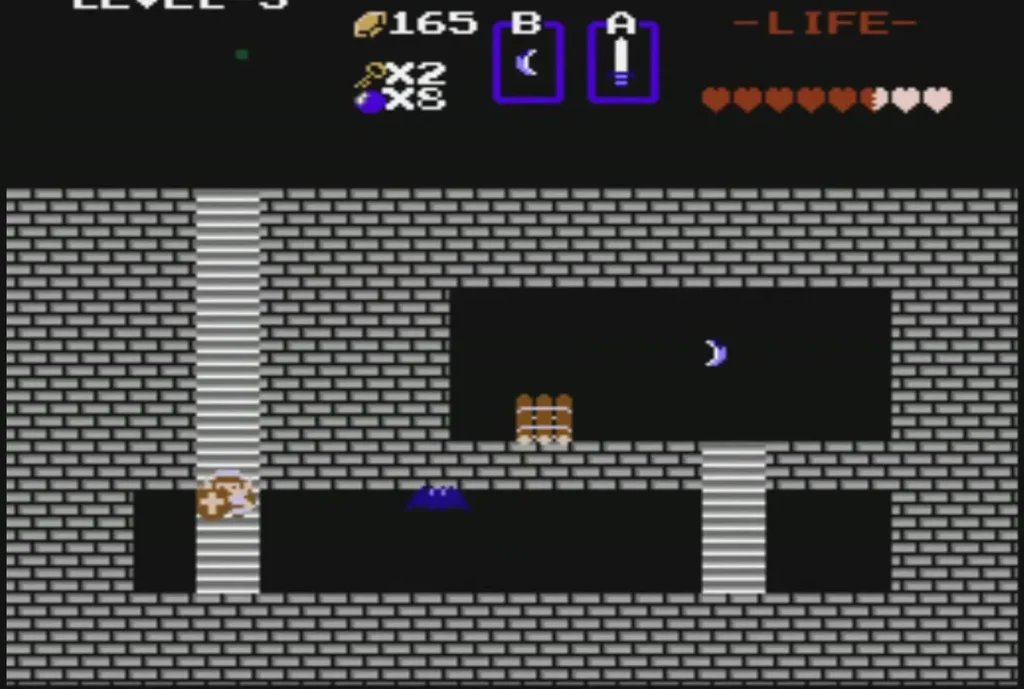 Grey underground passage with ladder columns, a Keese bat, and the raft on its ledge