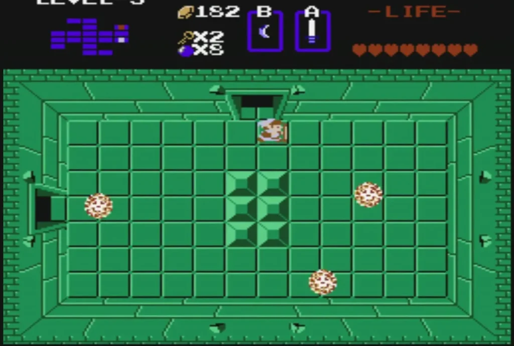 Link at the top door of the green room, with Bubbles drifting around the block cluster