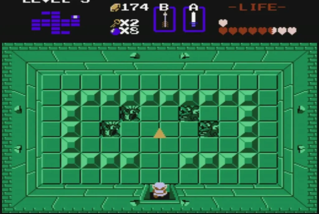 A Triforce piece lies on the floor of a green Level 3 room as Link enters from the south door