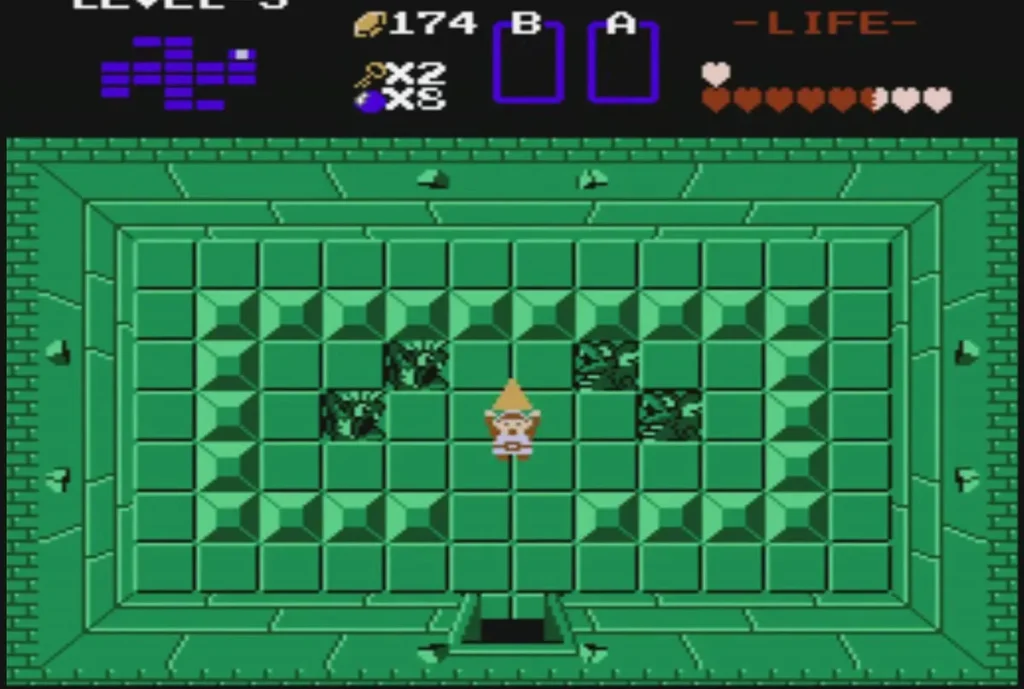 Link standing in the green Level 3 room where the Triforce piece lay, now taken