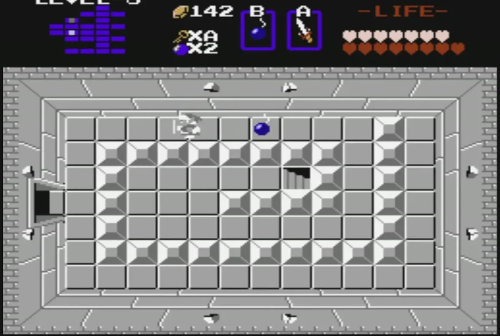 Blue bomb placed against the top wall of a grey Level 8 room Blue bomb placed against the top wall of a grey Level 8 room