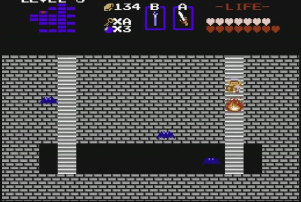 Brick corridor with blue bats and an orange enemy near a column Brick corridor with blue bats and an orange enemy near a column