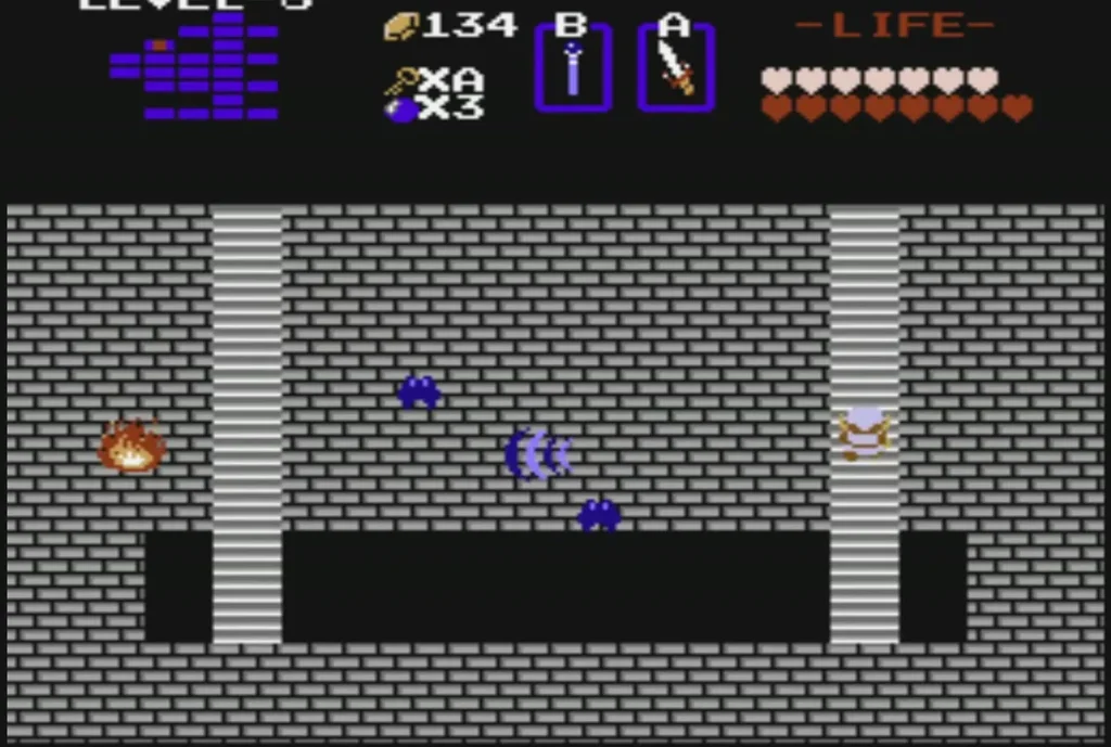 Brick corridor with a fire enemy on the left and blue bats Brick corridor with a fire enemy on the left and blue bats