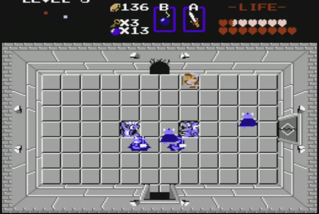 Blue Darknuts and a Gibdo in a Level 8 room with an opening above Blue Darknuts and a Gibdo in a Level 8 room with an opening above