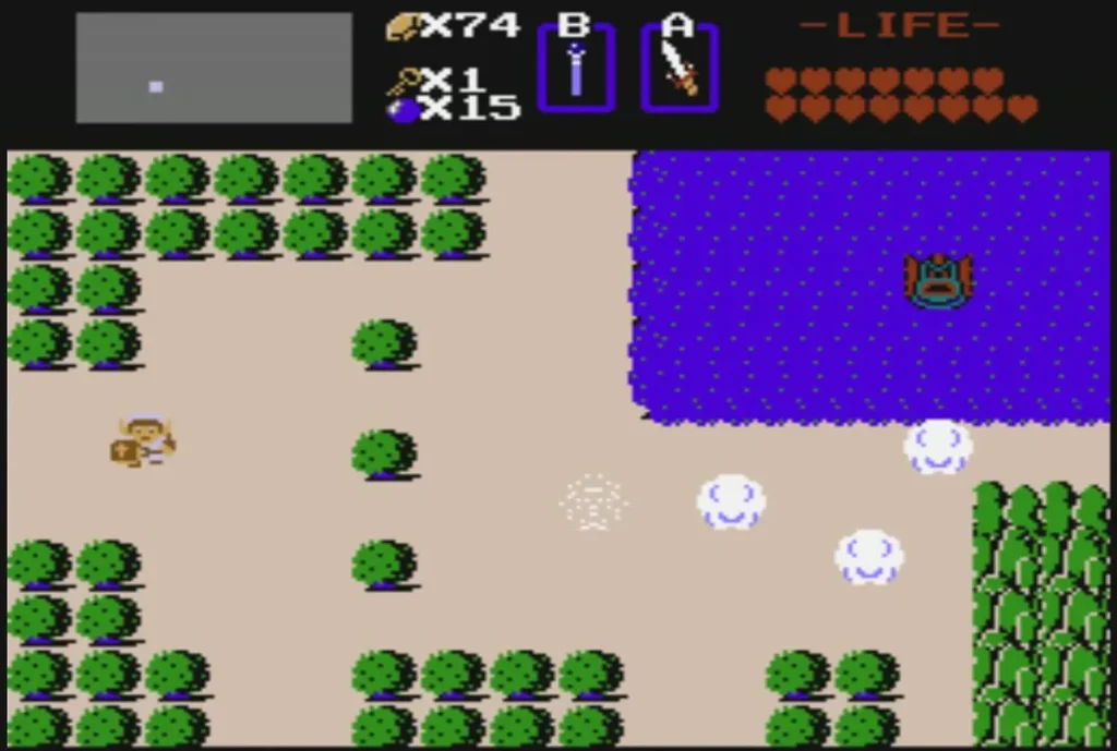 Bush fields and a purple lake on the overworld east of Level 7 Bush fields and a purple lake on the overworld east of Level 7