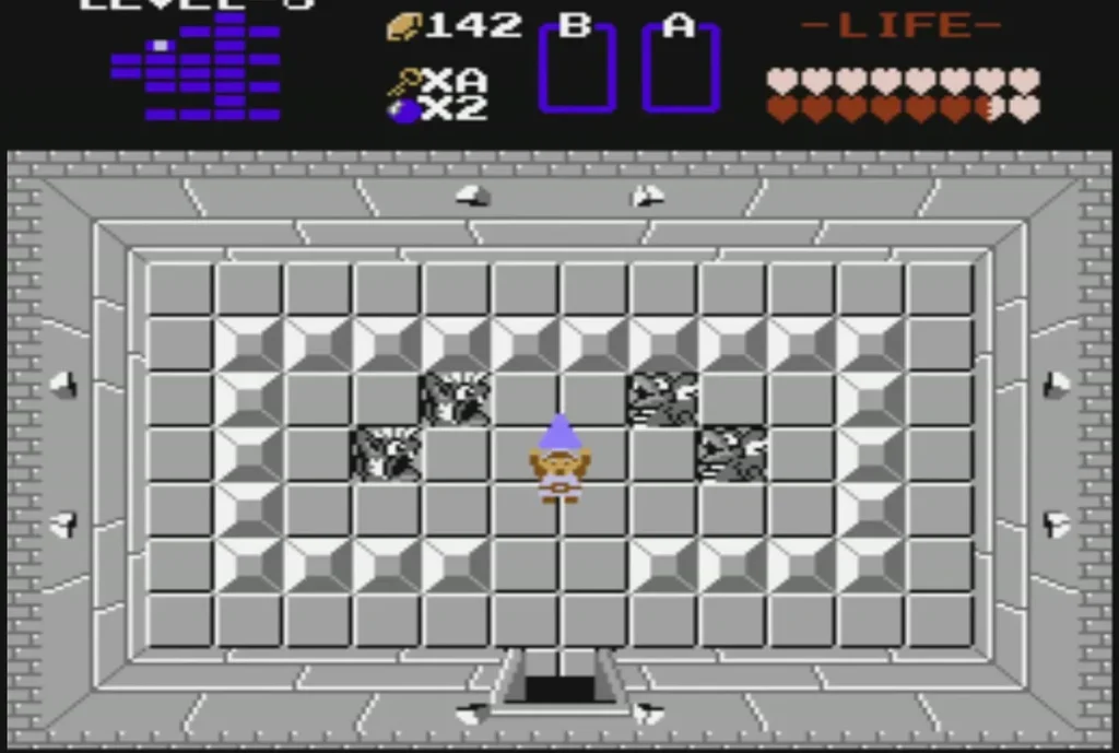 Triforce piece lying on the floor of the room above the boss room, with Link below it Triforce piece lying on the floor of the room above the boss room, with Link below it