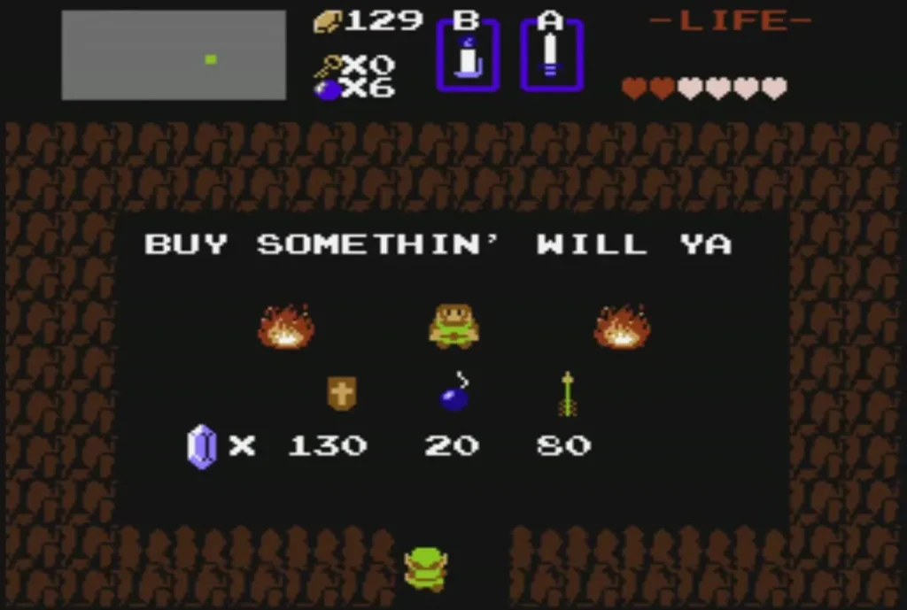 Shop board listing a Magical Shield for 130, bombs for 20 and arrows for 80 Shop board listing a Magical Shield for 130, bombs for 20 and arrows for 80
