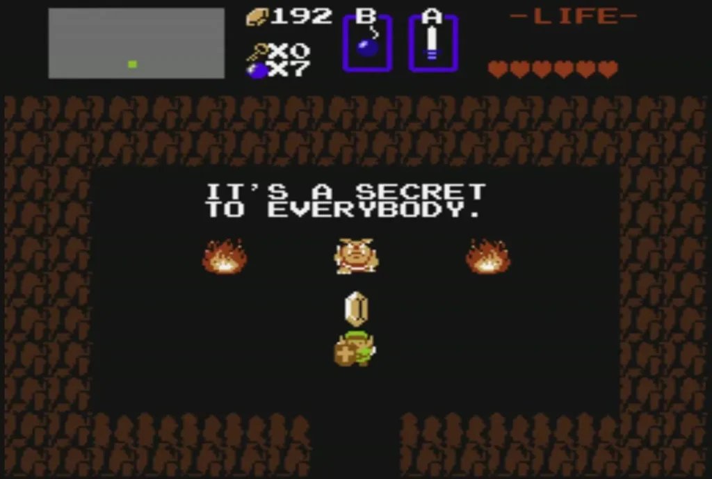 Link holding up the 30 rupee gem in the secret cave, rupees at 192 Link holding up the 30 rupee gem in the secret cave, rupees at 192