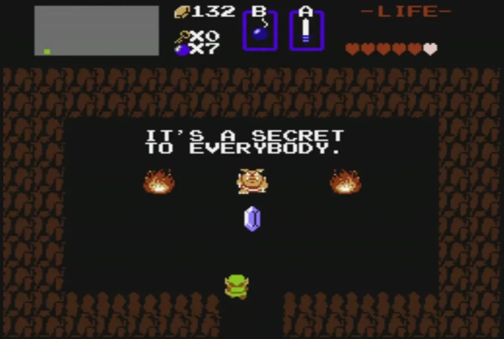 Secret cave with its sign and a rupee in front of the figure, rupees at 132 Secret cave with its sign and a rupee in front of the figure, rupees at 132