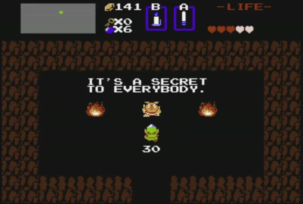 Link standing on the 30 rupee payout in the first secret cave, rupees at 141 Link standing on the 30 rupee payout in the first secret cave, rupees at 141