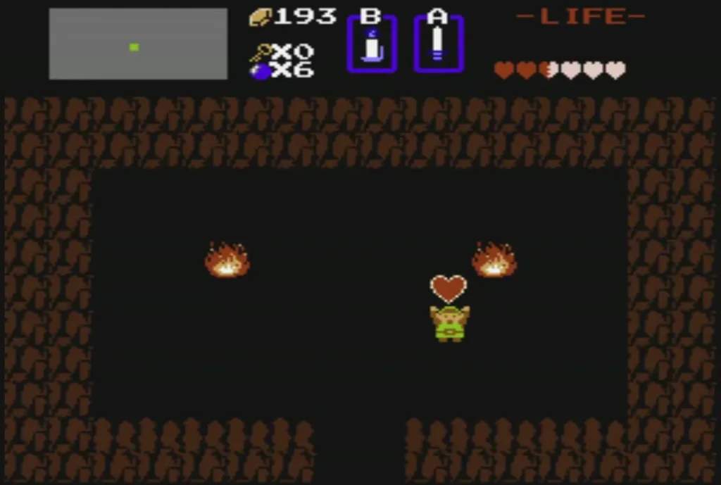 Link holding up the Heart Container after choosing it in the take-any-one cave Link holding up the Heart Container after choosing it in the take-any-one cave