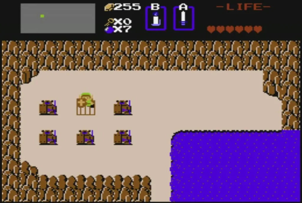 Link standing on the revealed stairway in the top row of the shop field Link standing on the revealed stairway in the top row of the shop field