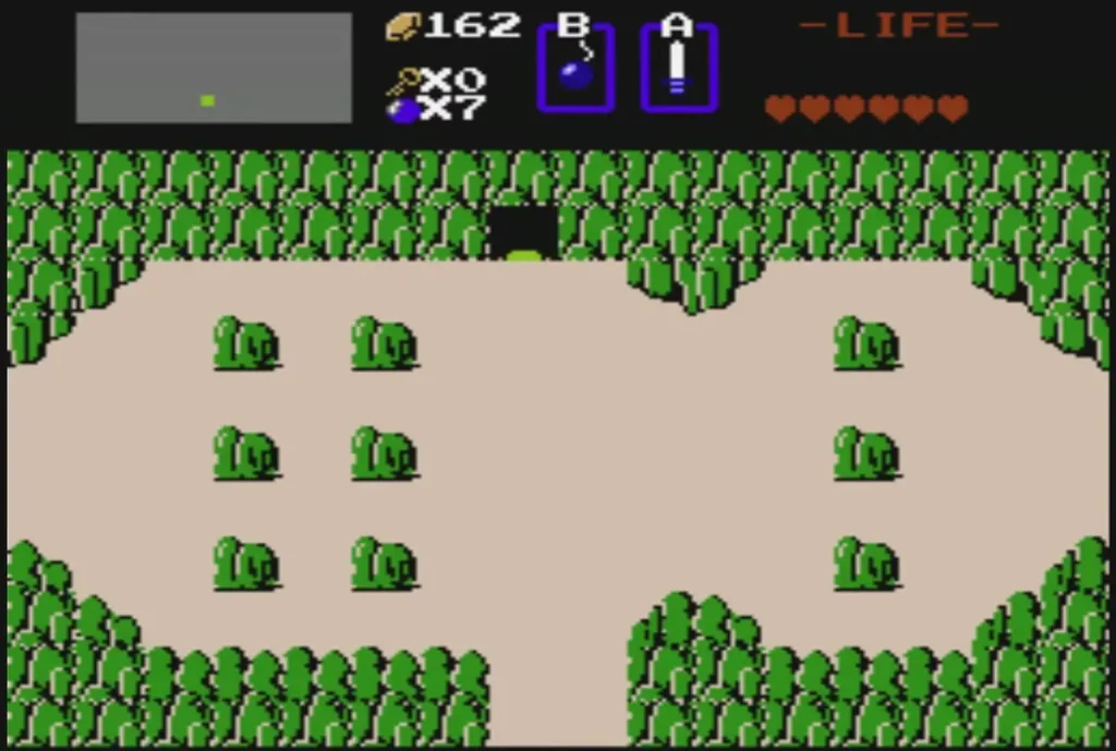 Overworld screen with the dark cave entrance at the top, rupees at 162 Overworld screen with the dark cave entrance at the top, rupees at 162