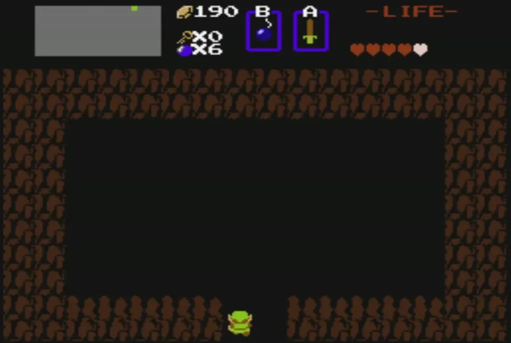 Link entering a dark shop cave from the bottom edge of the screen Link entering a dark shop cave from the bottom edge of the screen