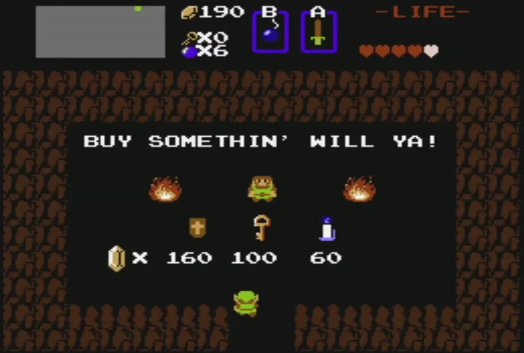 Shop cave price list with the Magical Shield at 160 rupees, a Key at 100 and the Blue Candle at 60 Shop cave price list with the Magical Shield at 160 rupees, a Key at 100 and the Blue Candle at 60
