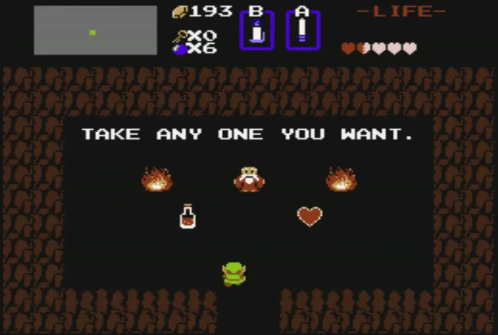 Take Any One cave with a Red Potion on the left and a Heart Container on the right Take Any One cave with a Red Potion on the left and a Heart Container on the right