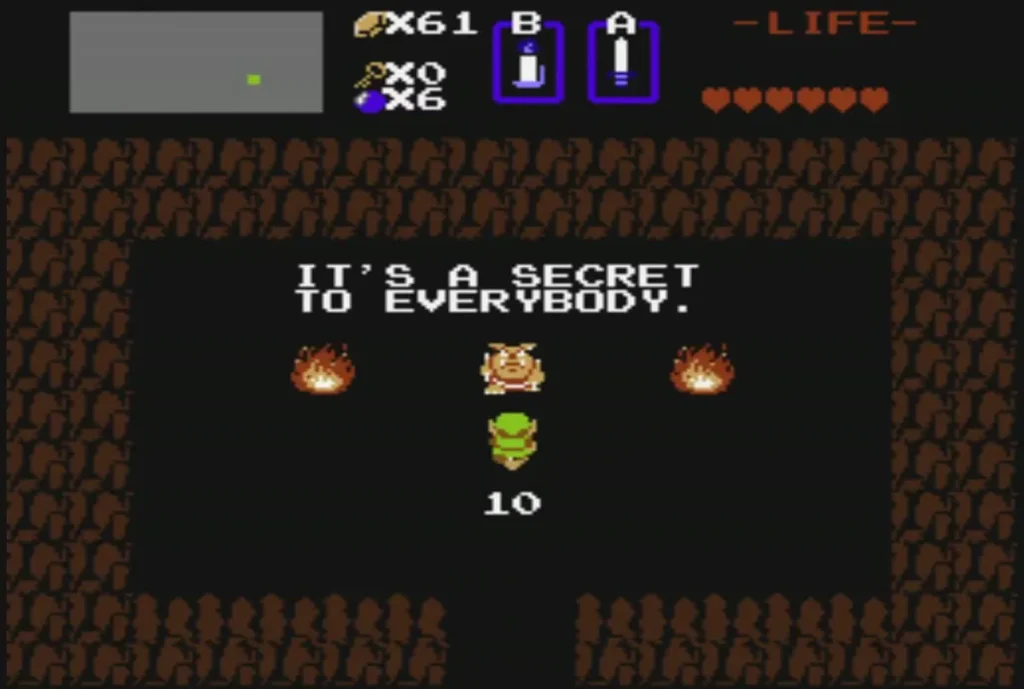 Link holding up the 10 rupee gem in the secret cave with rupees at 61 Link holding up the 10 rupee gem in the secret cave with rupees at 61