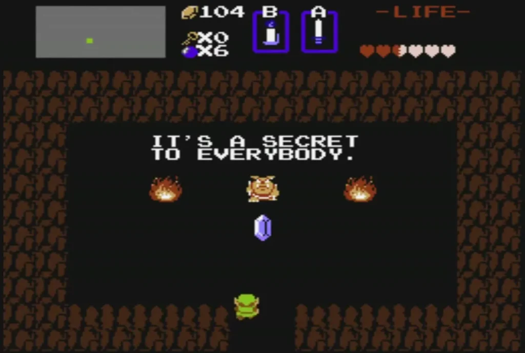 Secret cave with its sign fully written out and a rupee in front of the figure, rupees at 104 Secret cave with its sign fully written out and a rupee in front of the figure, rupees at 104