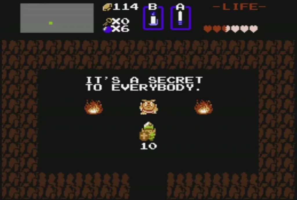 Link holding up the 10 rupee gem in the secret cave, rupees at 114 Link holding up the 10 rupee gem in the secret cave, rupees at 114