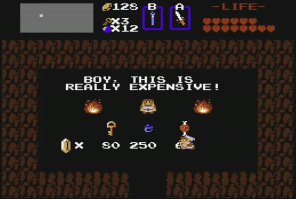 Link stands at the Monster Bait on the hidden shop shelf with 128 rupees Link stands at the Monster Bait on the hidden shop shelf with 128 rupees