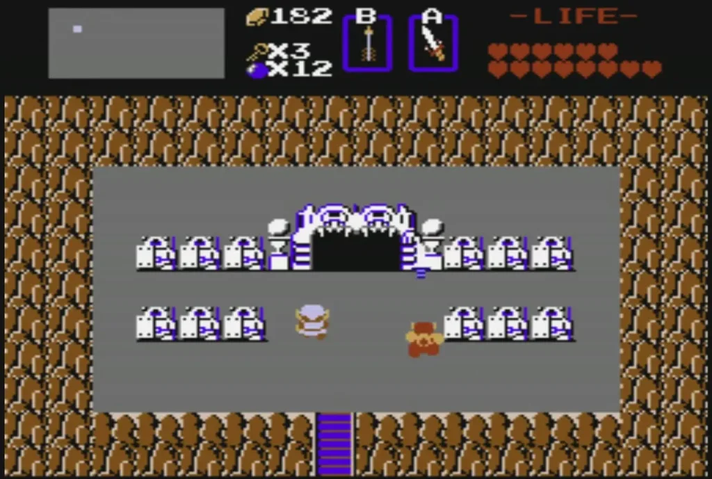 Headstone graveyard on a grey floor with a cave opening at the top Headstone graveyard on a grey floor with a cave opening at the top