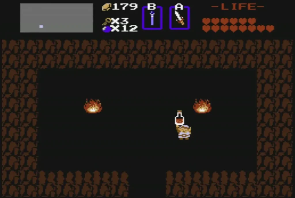 Link holds the red potion over his head inside the medicine shop just after buying it Link holds the red potion over his head inside the medicine shop just after buying it