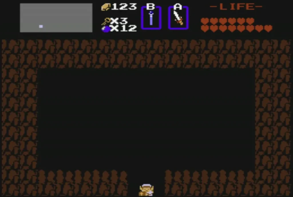 Link at the bottom doorway of the medicine shop, about to walk out after buying the red potion Link at the bottom doorway of the medicine shop, about to walk out after buying the red potion