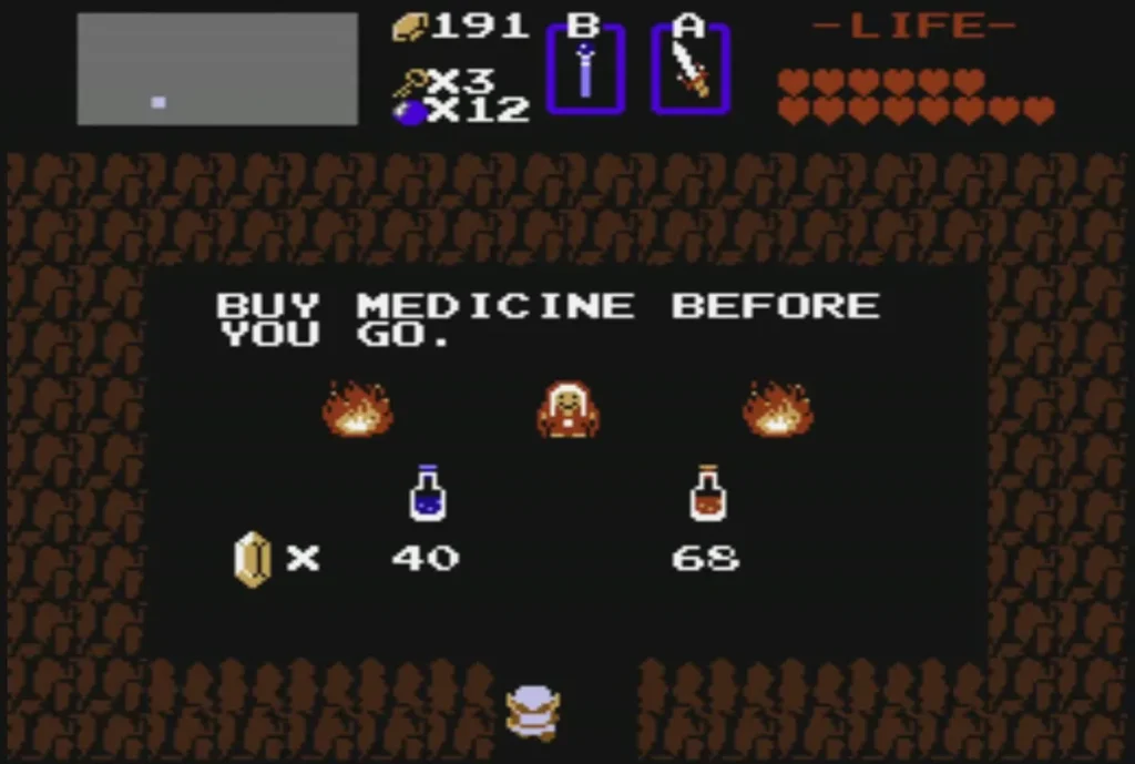 Medicine shop sign listing the blue potion at 40 and the red potion at 68 rupees Medicine shop sign listing the blue potion at 40 and the red potion at 68 rupees