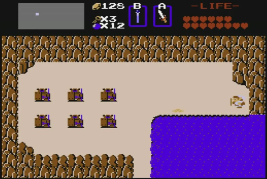 Six Armos statues in two rows of three on a sand field beside the purple lake Six Armos statues in two rows of three on a sand field beside the purple lake