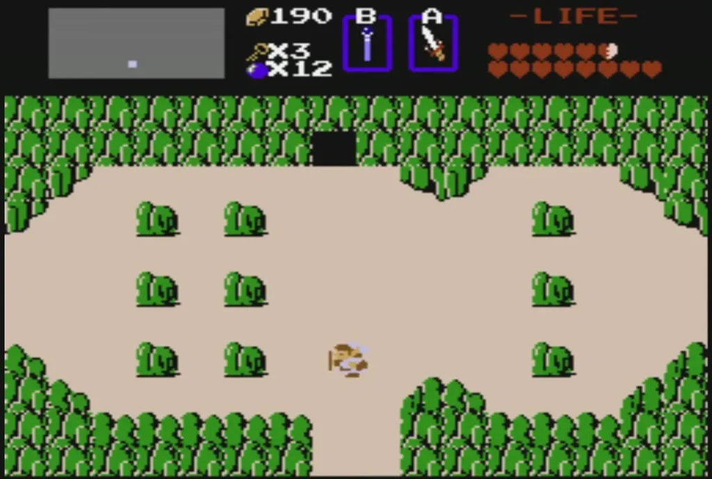 Link in the tree-lined sand field with the black cave ahead at the top Link in the tree-lined sand field with the black cave ahead at the top
