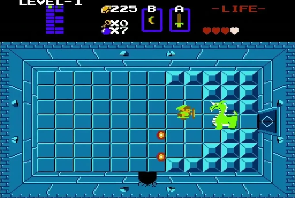 Aquamentus with energy orbs in the air, Link beside it in the boss room Aquamentus with energy orbs in the air, Link beside it in the boss room