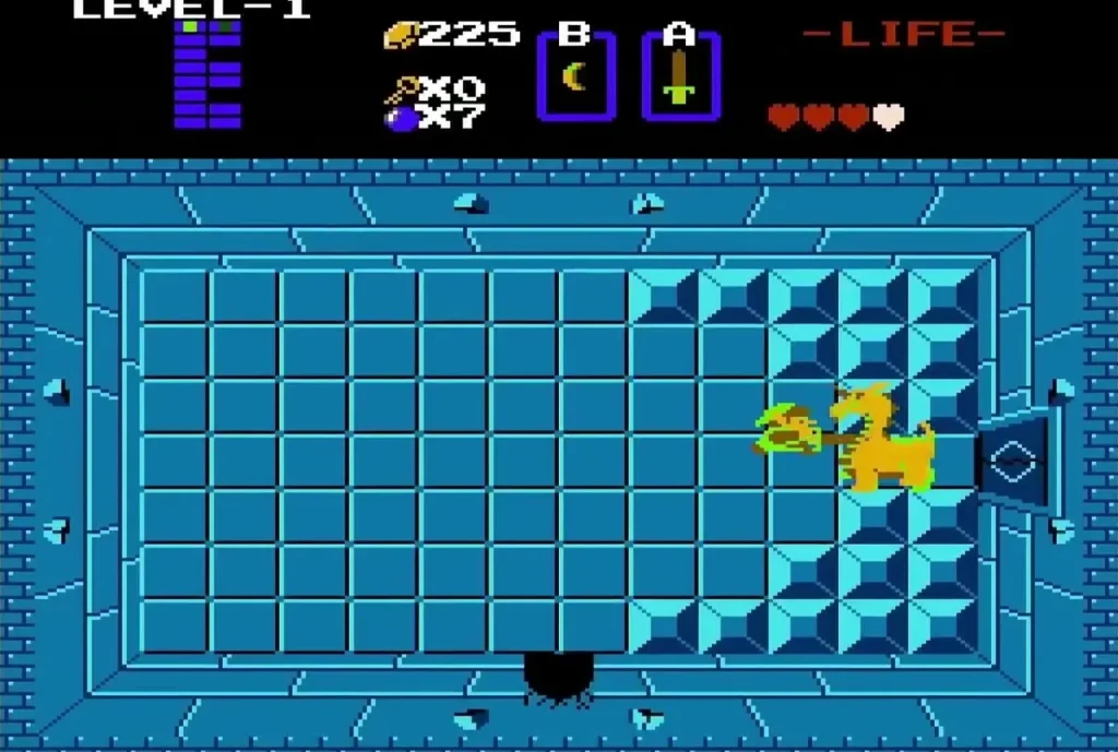 Link striking Aquamentus with the sword in the boss room Link striking Aquamentus with the sword in the boss room